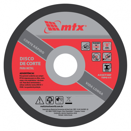 Disco de Corte para Metal 180x1,6x22,23mm MTX