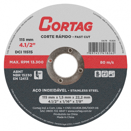 Disco de Corte Inox 115mmx1,5mmx22,22mm 61826 CORTAG